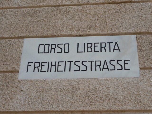 Bilingual street sign, Merano