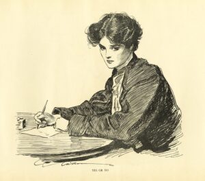 Ink drawing of a woman writing