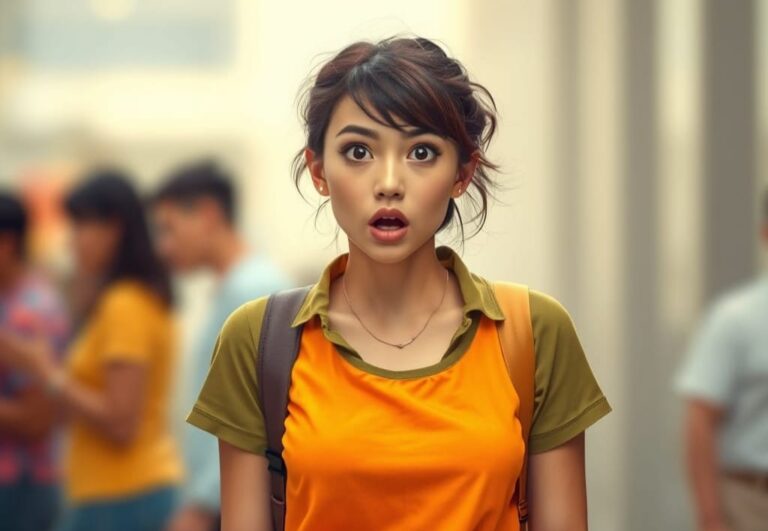 Young Asian woman on the street looking shocked