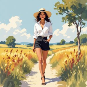 Illustration of young woman walking through the countryside wearing shorts and a summer hat